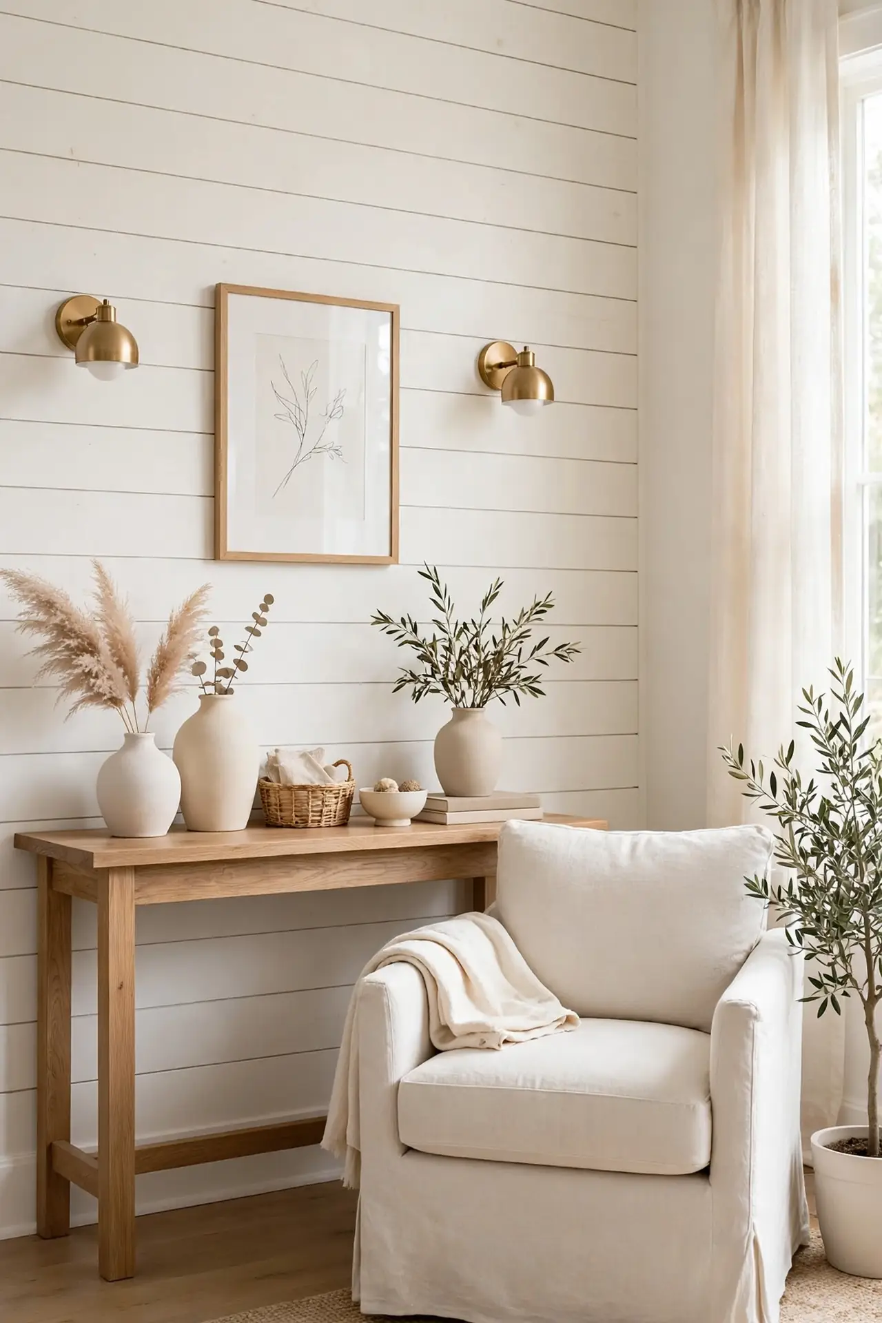 Shiplap Accent Wall for farmhouse living room decor with neutral colors