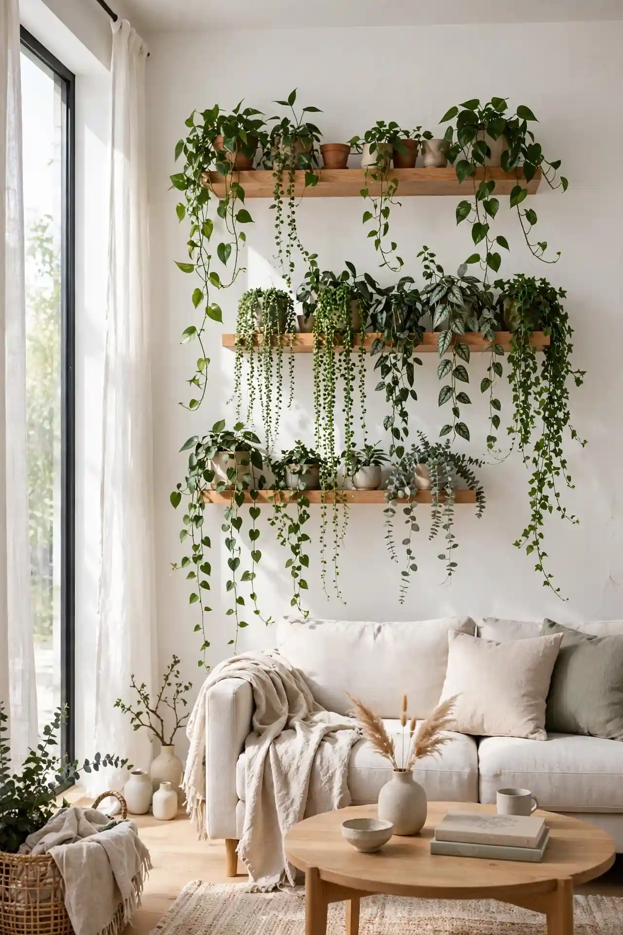 Greenery Cascade - Floating Shelf Decor Ideas for Living Room
