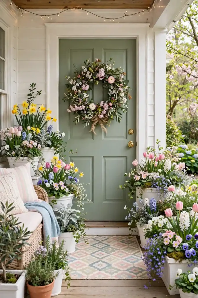 Cheerful front porch spring decor ideas with flowers