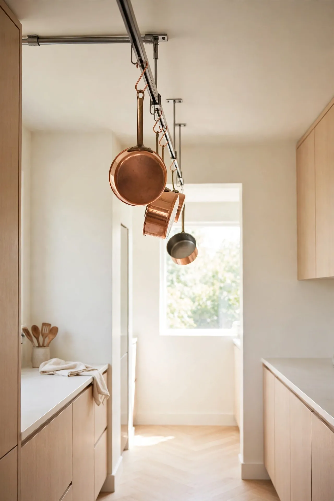 Ceiling Pot Hooks for galley kitchen organization ideas for small spaces
