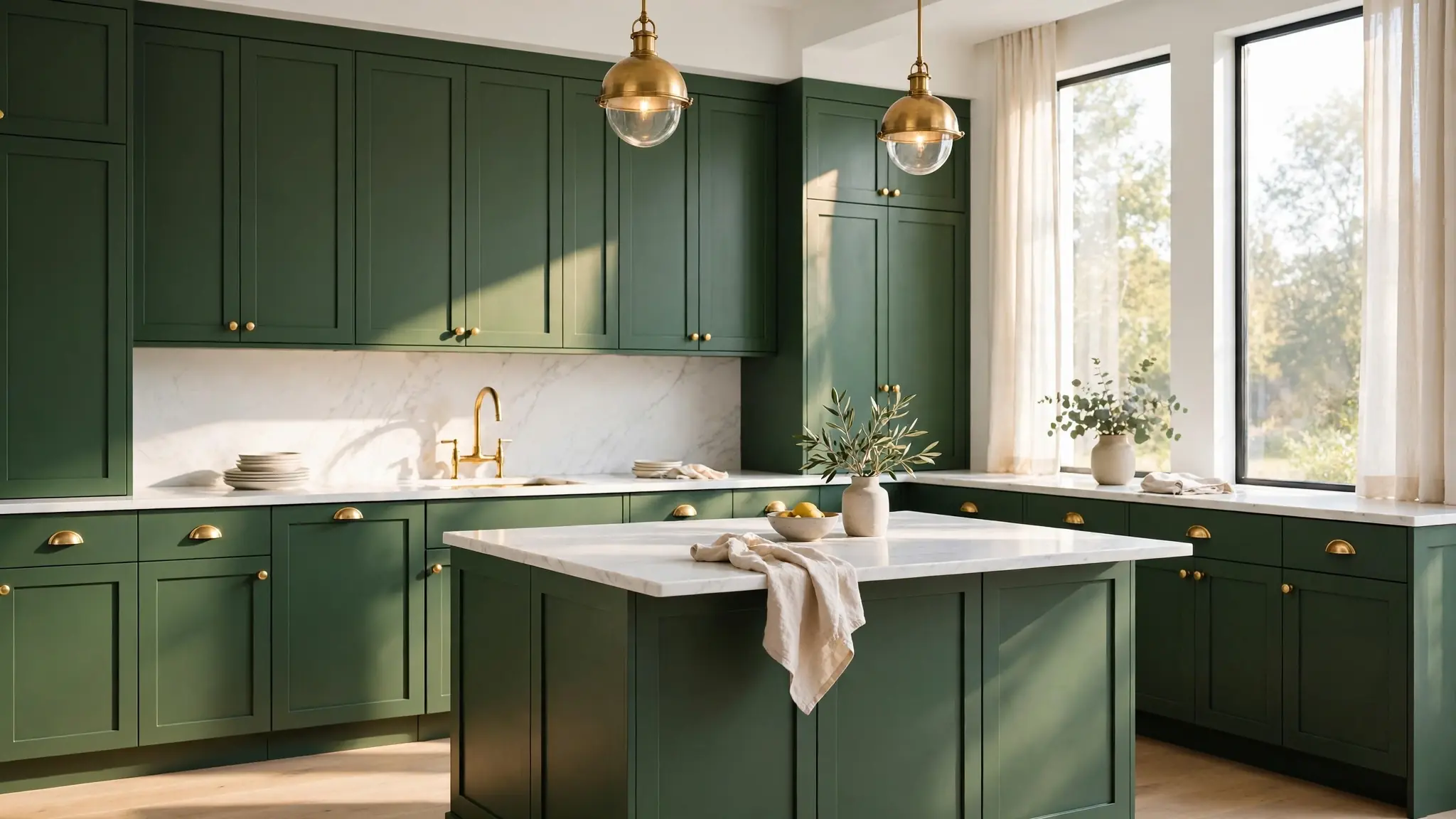 green kitchen cabinets with brass hardware