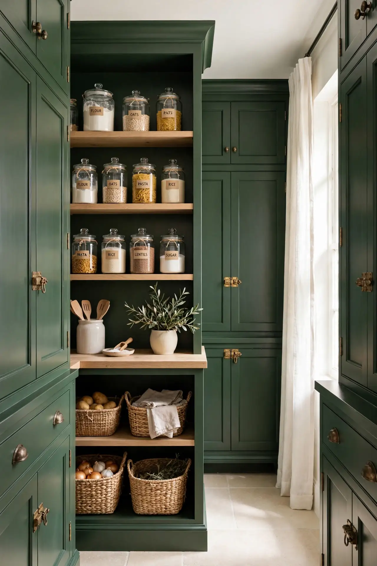 Hunter Green Pantry - Green Kitchen Cabinets With Brass Hardware