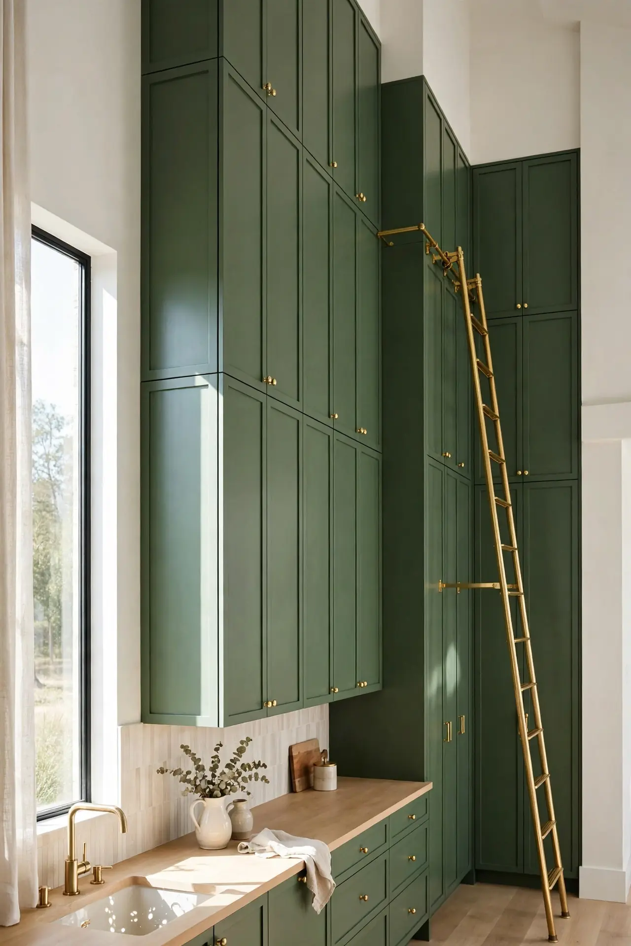 Juniper Ceiling Cabinets for green kitchen cabinets with brass hardware