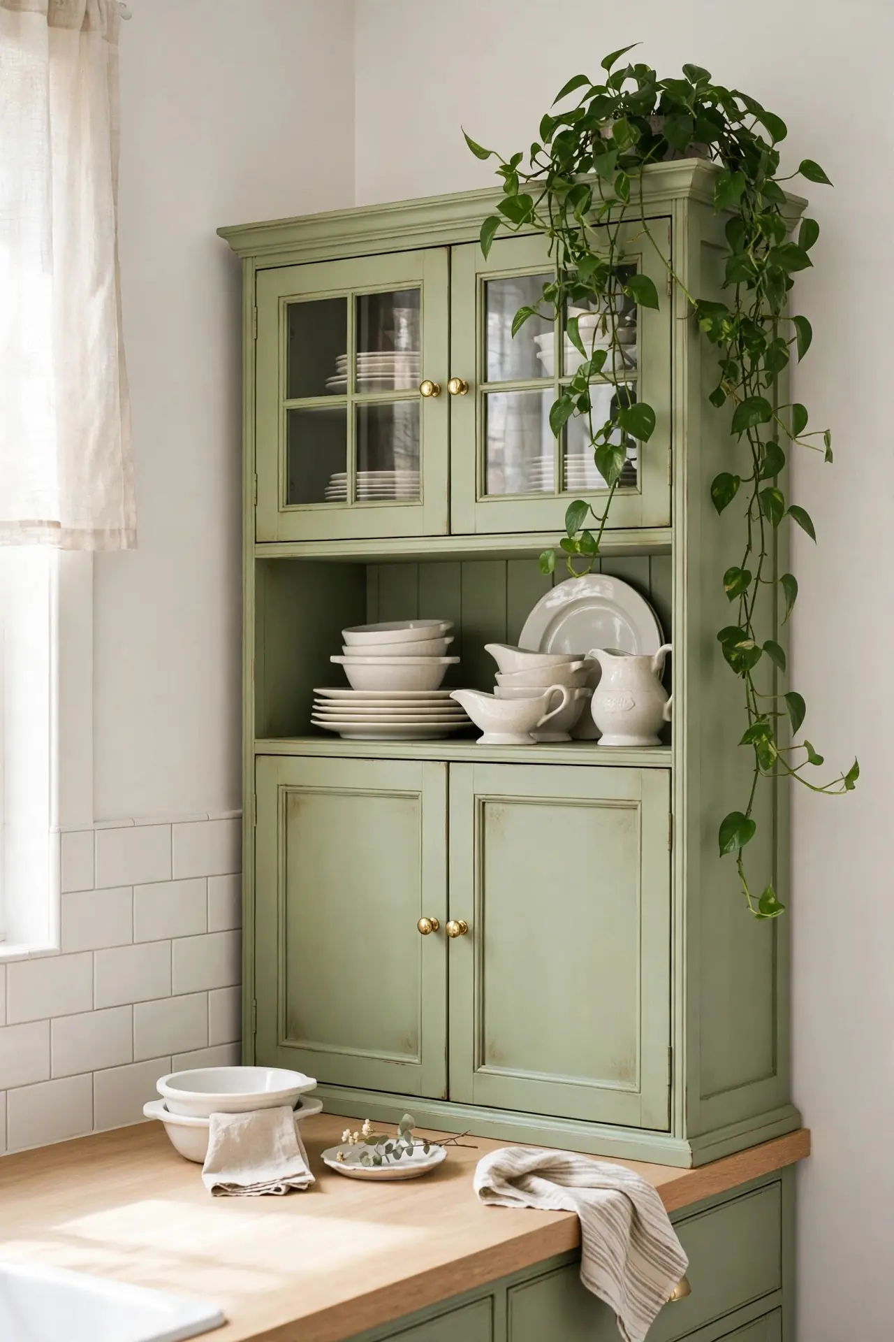 Pistachio Green Hutch for green kitchen cabinets with brass hardware