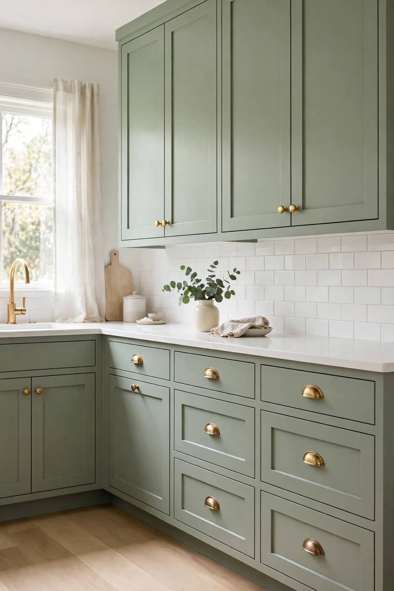 Sage Green Shaker for green kitchen cabinets with brass hardware