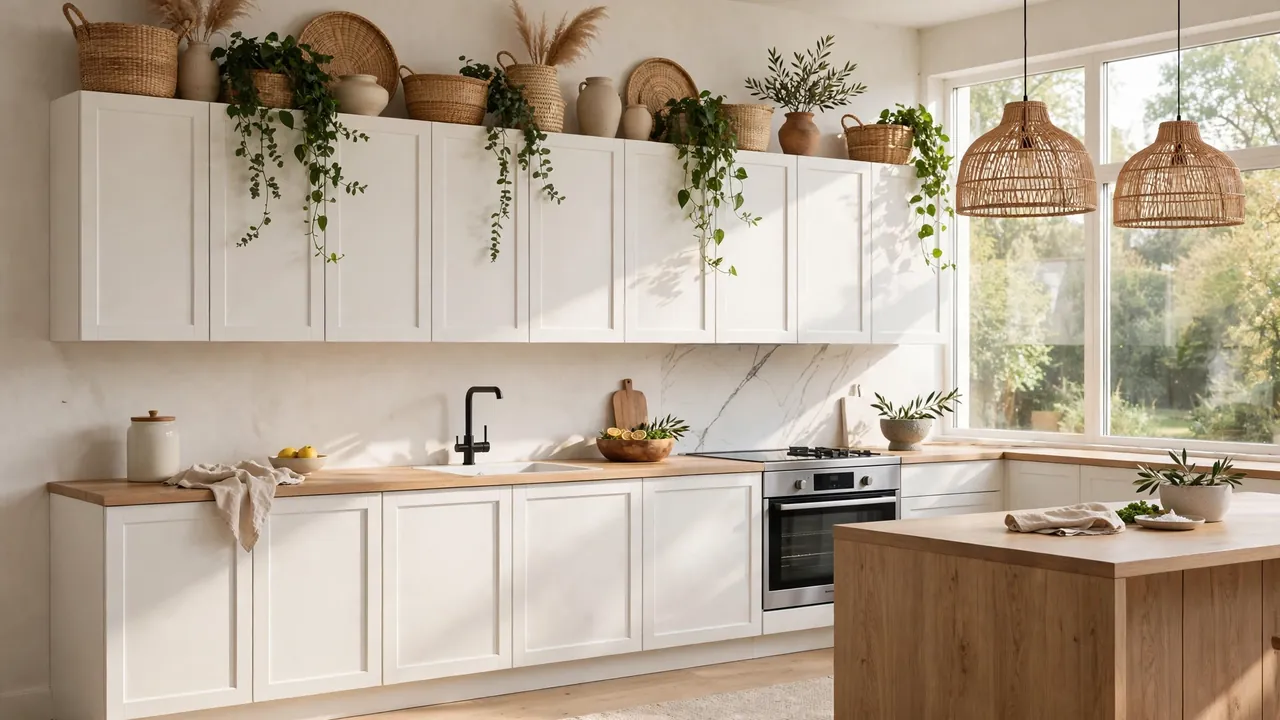 how to decorate above kitchen cabinets