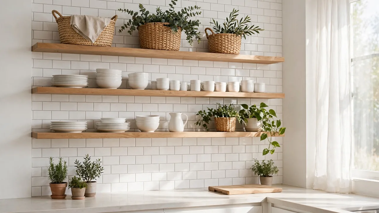 how to hide clutter in open shelving