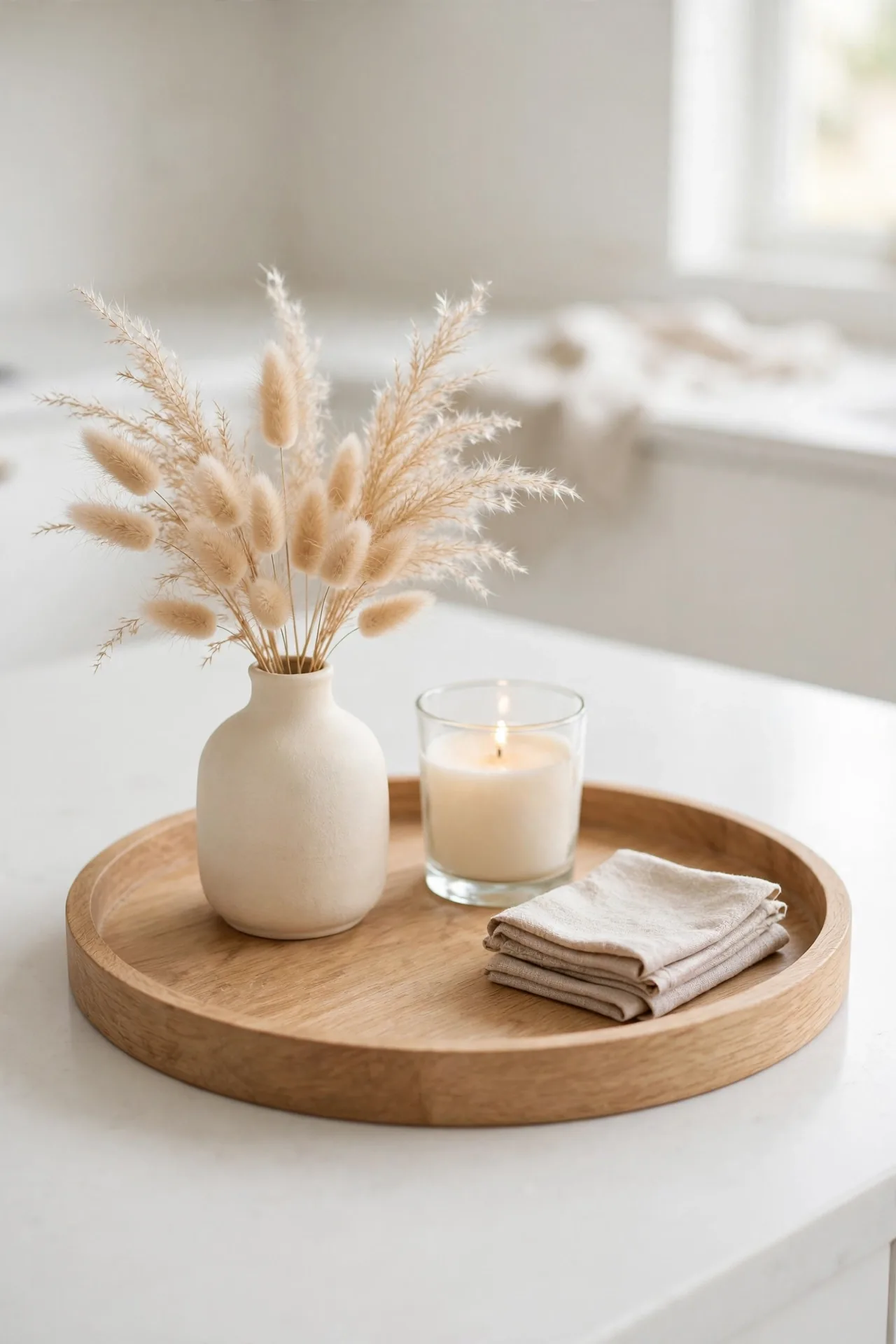 Wooden tray grouping with kitchen counter styling ideas for everyday decor