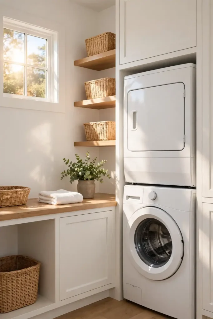 Bright laundry room organization for stacked washer dryer