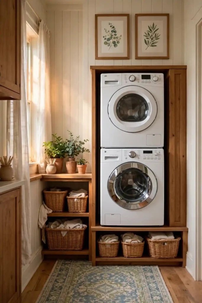 Charming laundry room organization for stacked washer dryer