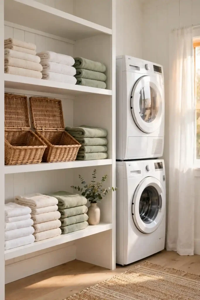 Fresh laundry room organization for stacked washer dryer
