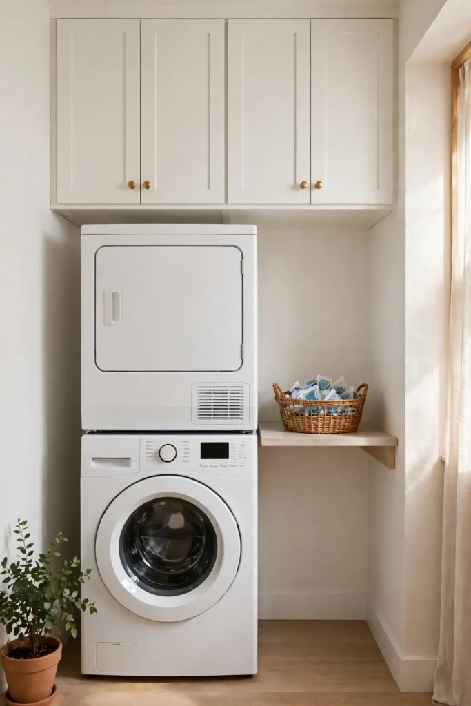 Smart laundry room organization for stacked washer dryer
