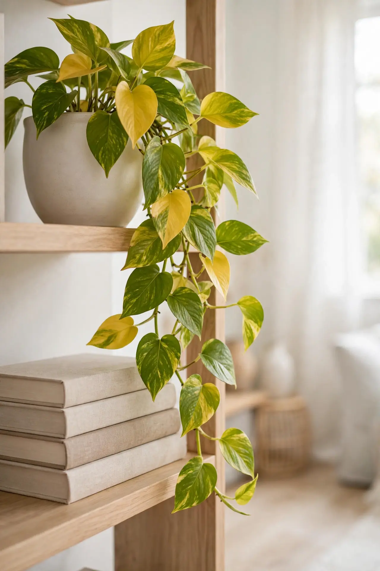 Cascading Pothos for living room bookshelf decor with plants