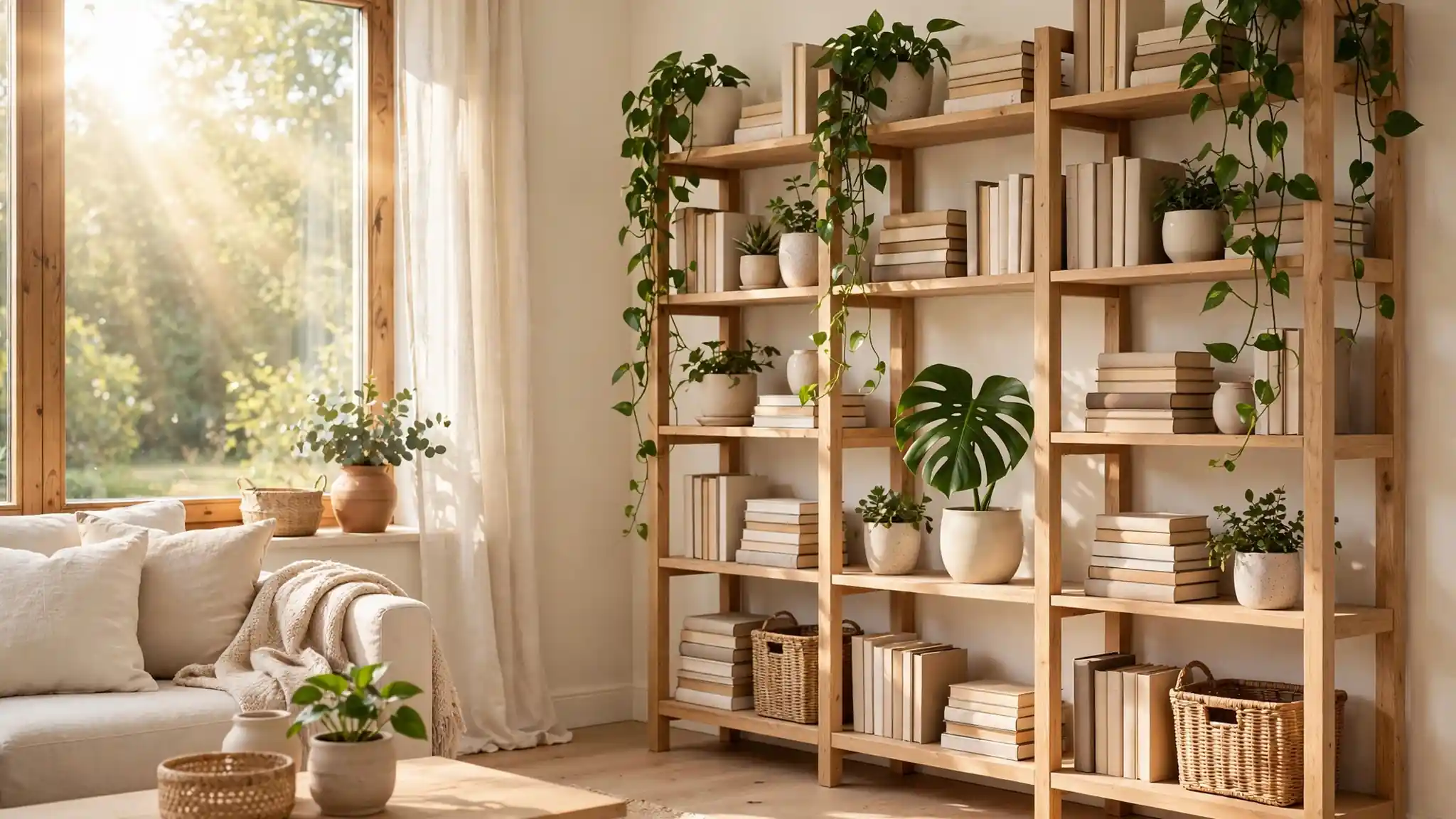 living room bookshelf decor with plants