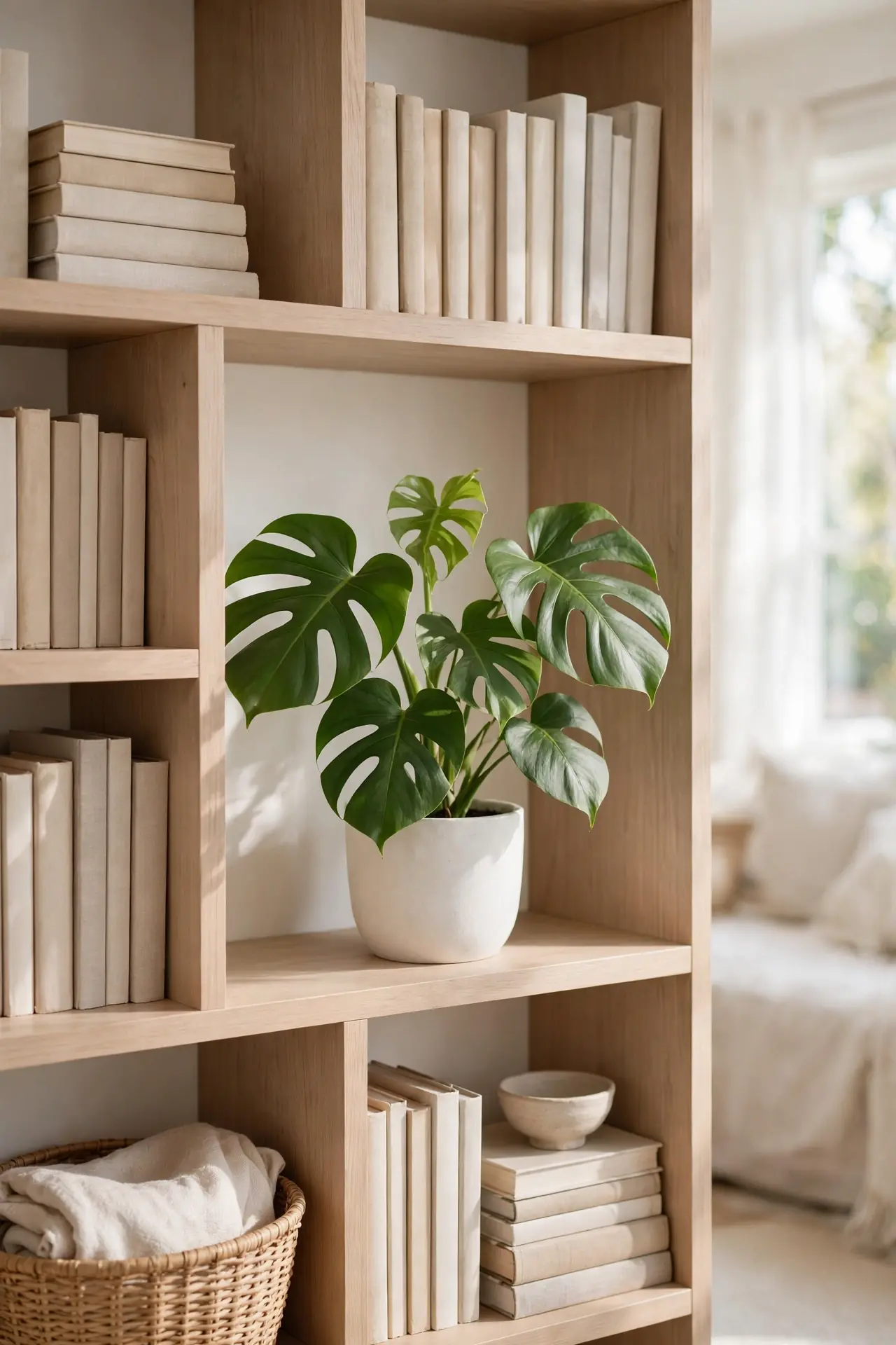 Monstera Statement for living room bookshelf decor with plants