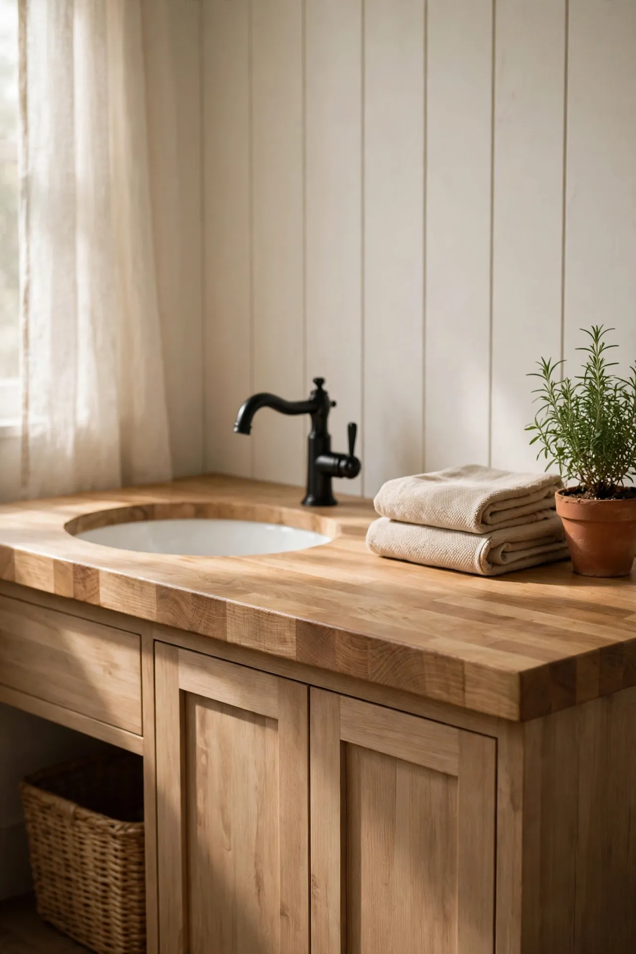 Butcher Block Countertop for modern farmhouse bathroom decorating ideas