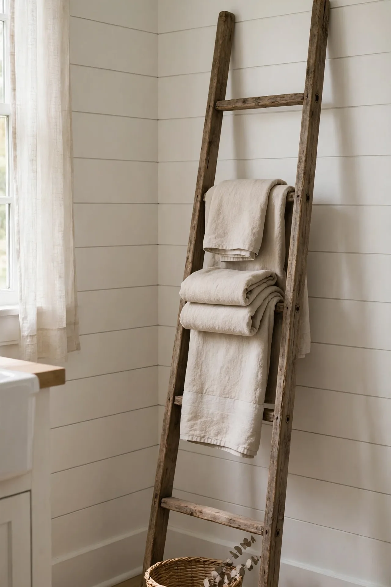 Rustic Ladder Rack for modern farmhouse bathroom decorating ideas
