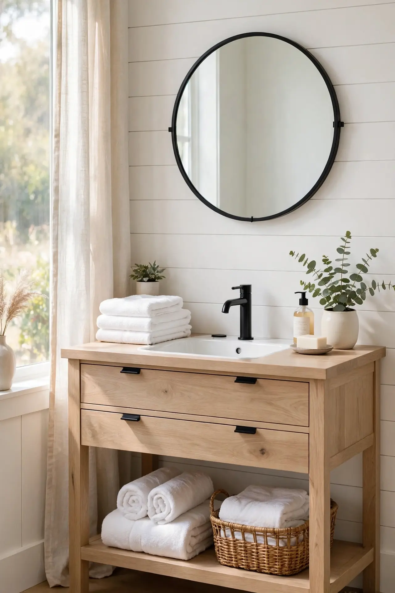 Shiplap Statement Walls for modern farmhouse bathroom decorating ideas