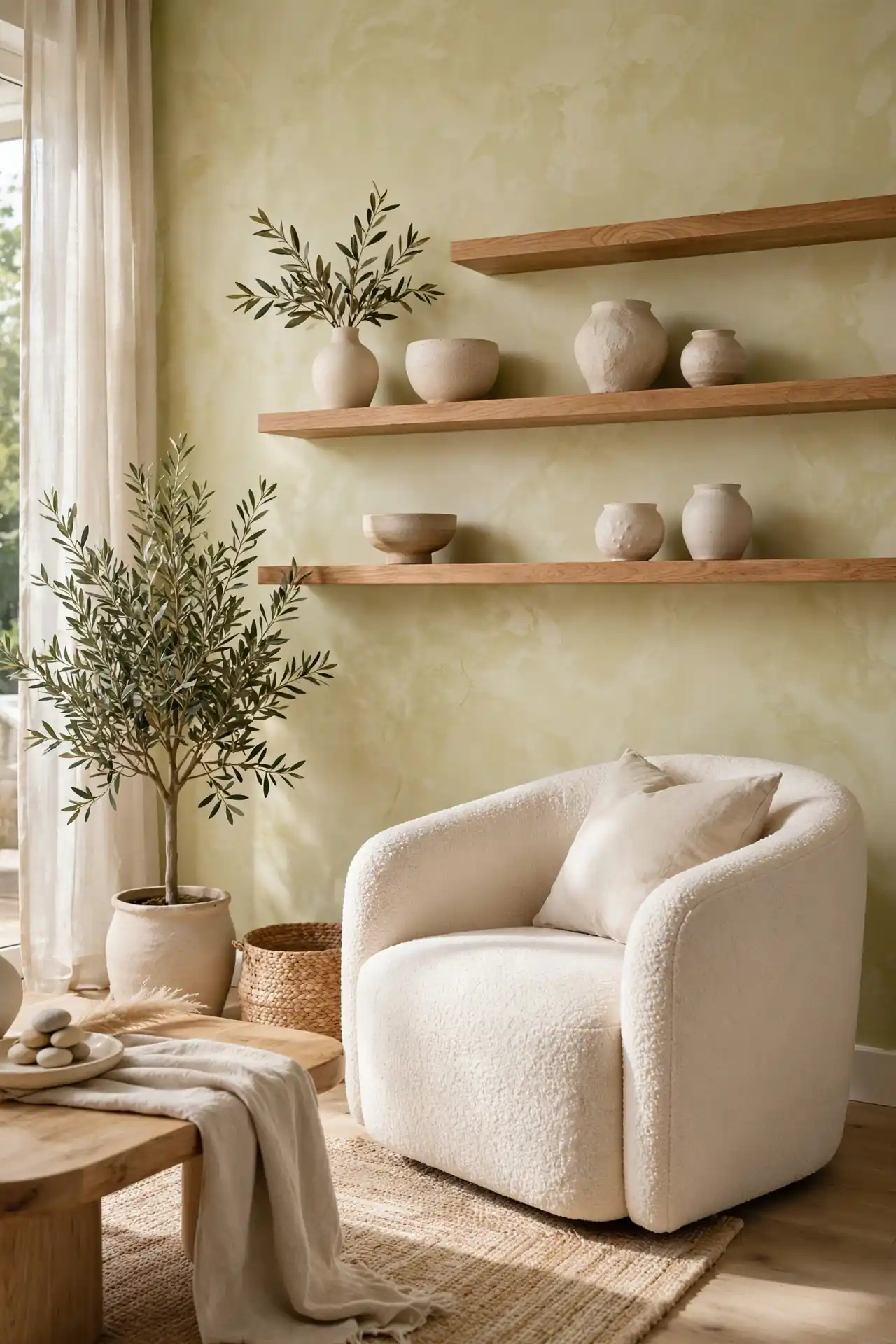 Limewashed Accent Wall for modern organic living room decor ideas
