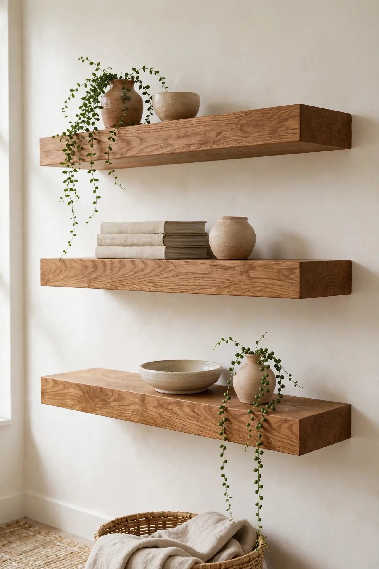 Oak Floating Shelves - modern organic living room decor ideas