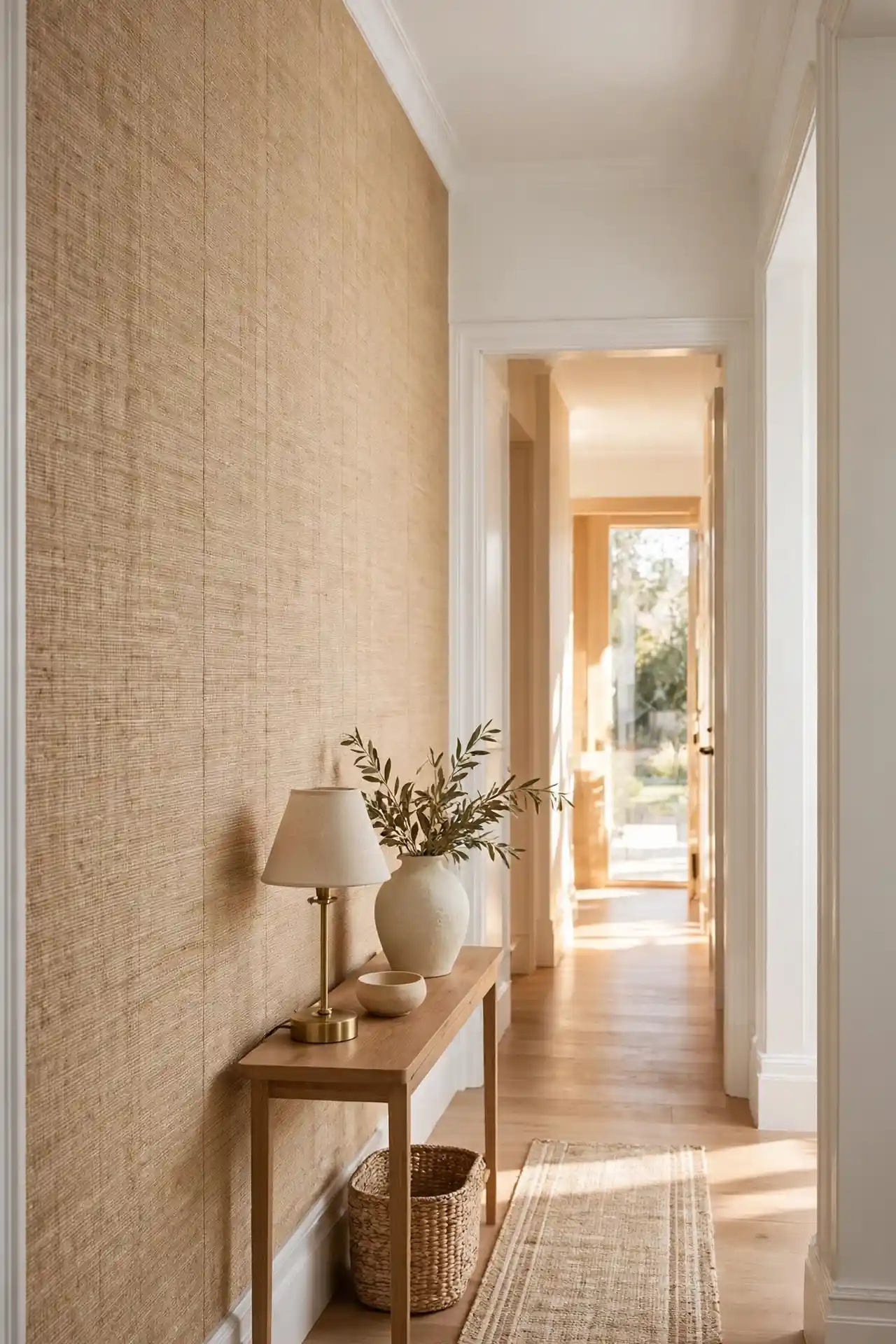 Textured Grasscloth Panels for narrow hallway wall decor ideas