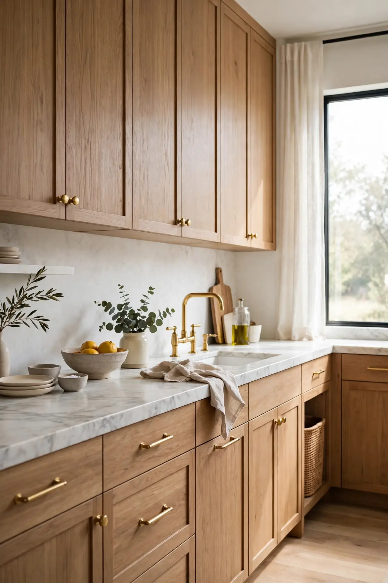 Brass Hardware Upgrade for natural wood kitchen cabinet decor ideas