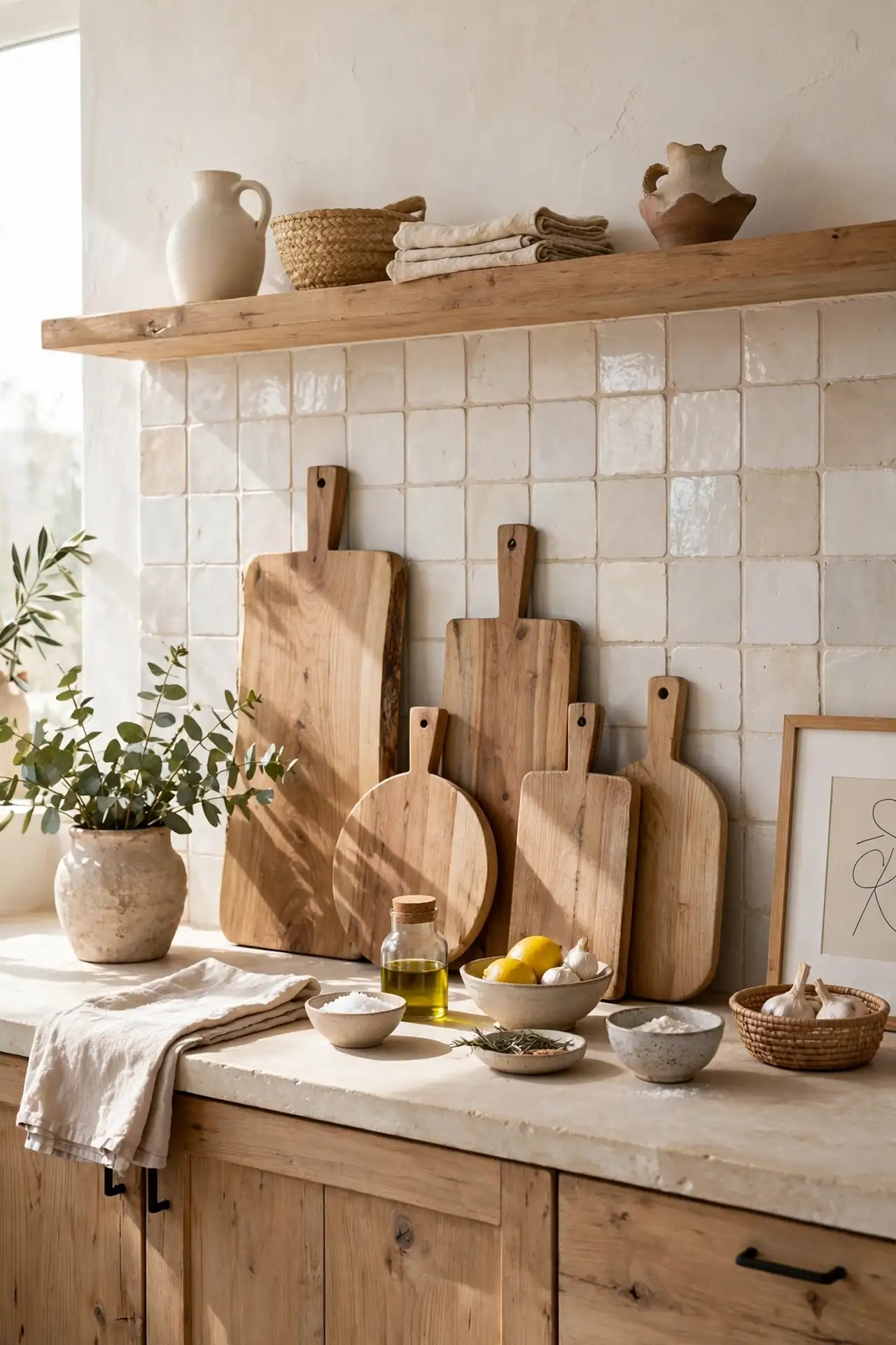 Cutting Board Display - Natural Wood Kitchen Cabinet Decor Ideas