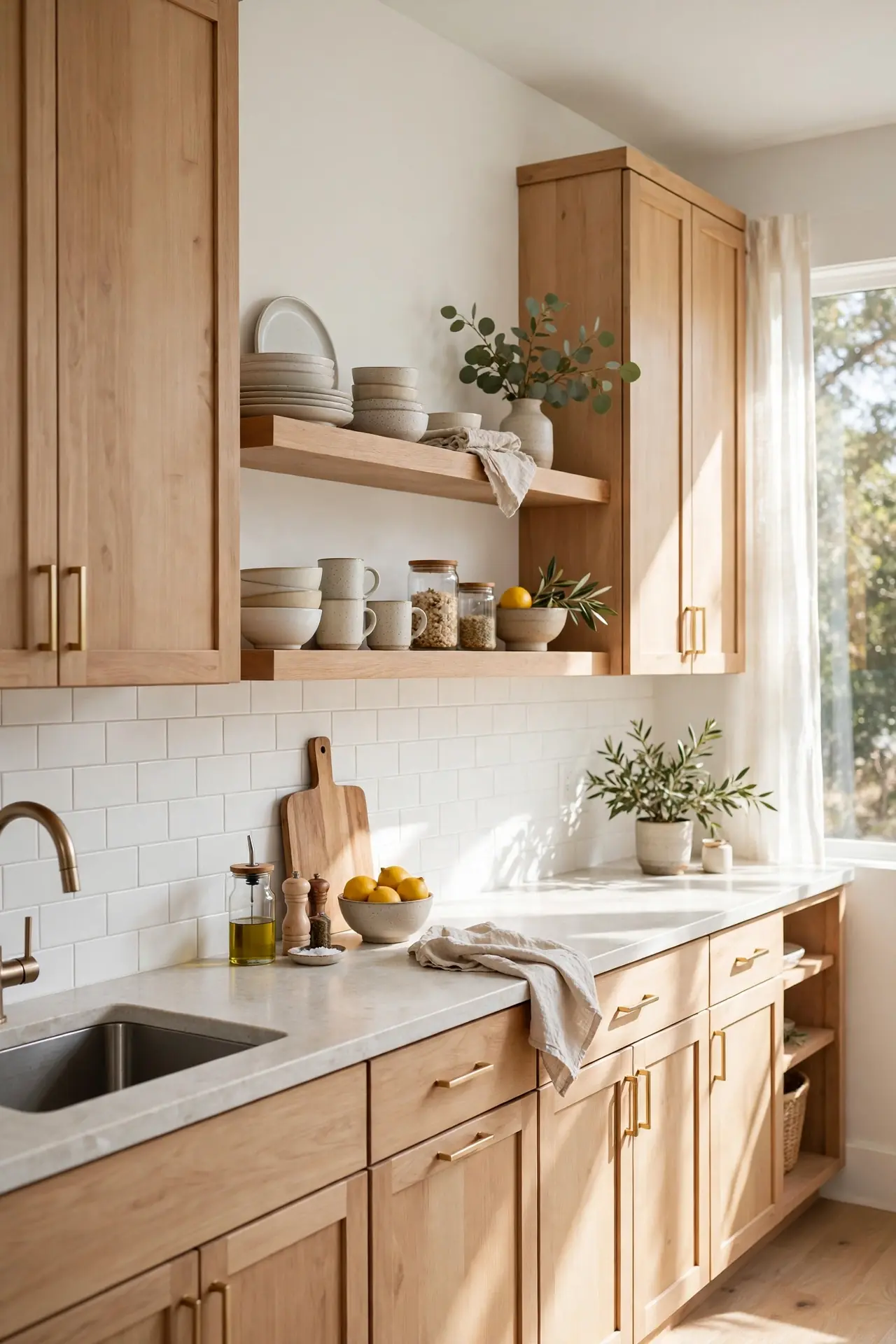 Floating Wood Shelves - Natural Wood Kitchen Cabinet Decor Ideas