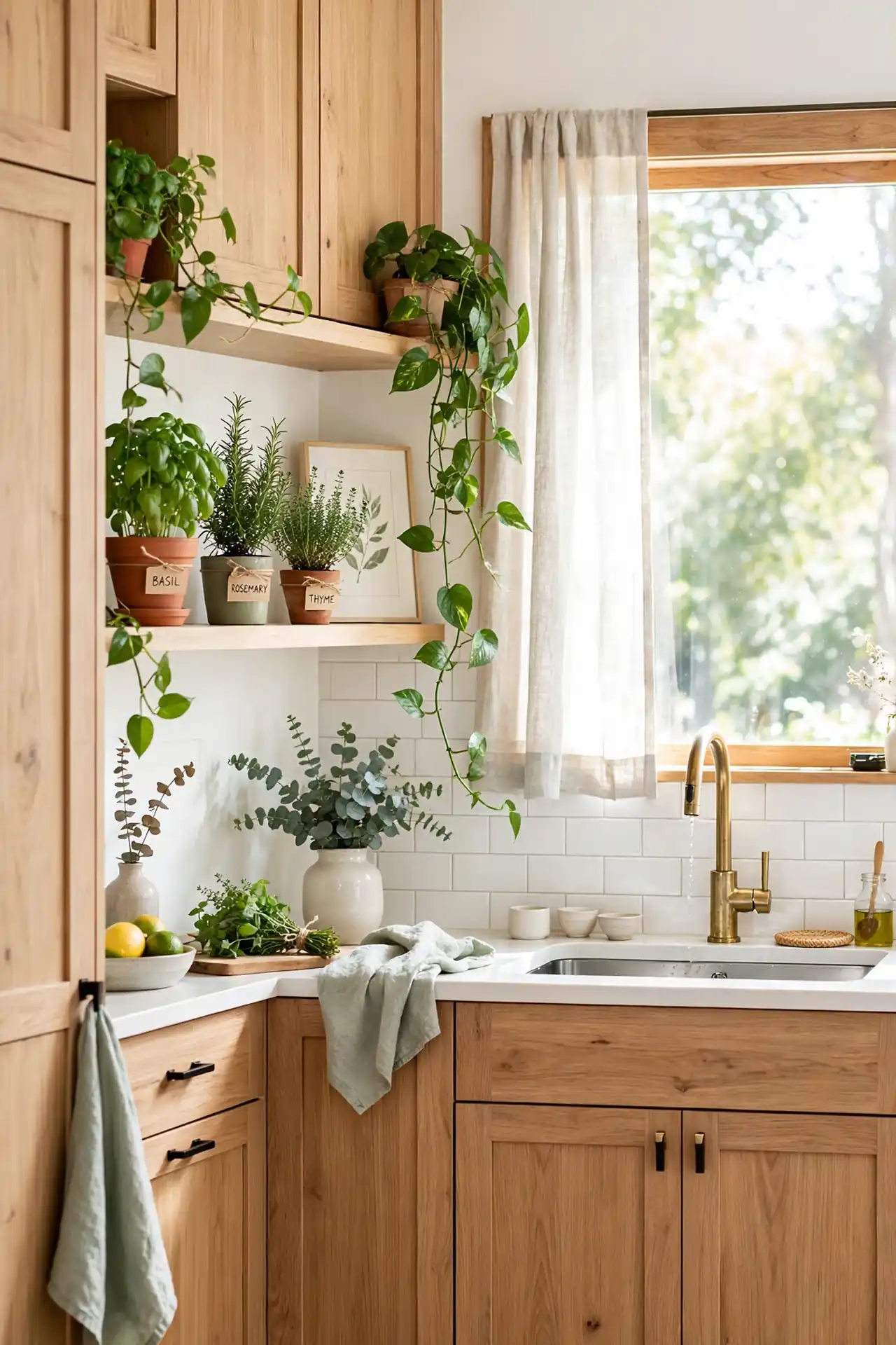 Greenery Accents with natural wood kitchen cabinet decor ideas
