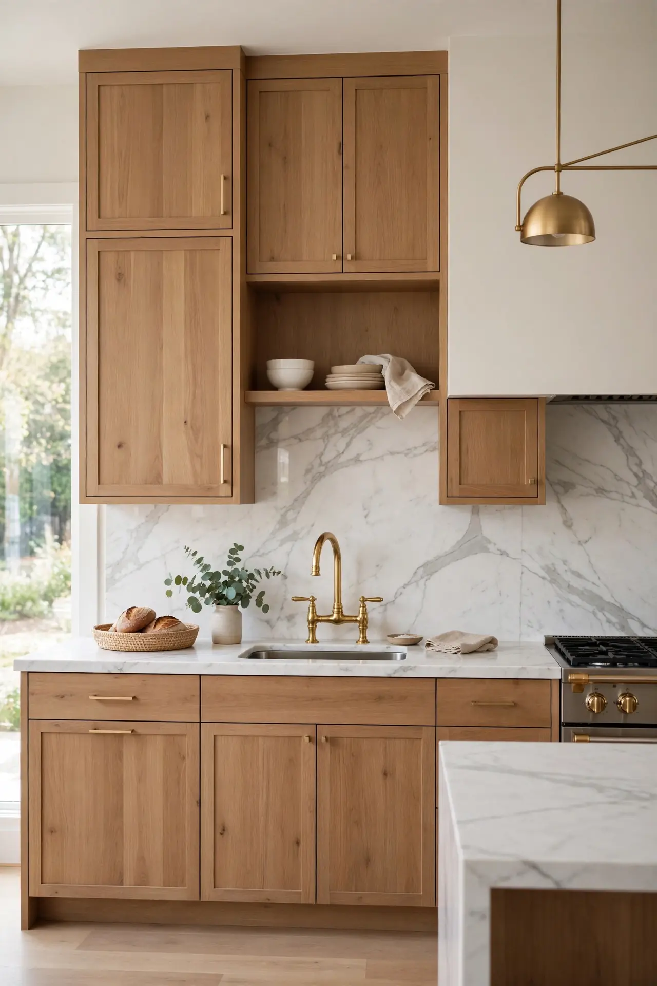 Marble Backsplash Pairing with natural wood kitchen cabinet decor ideas