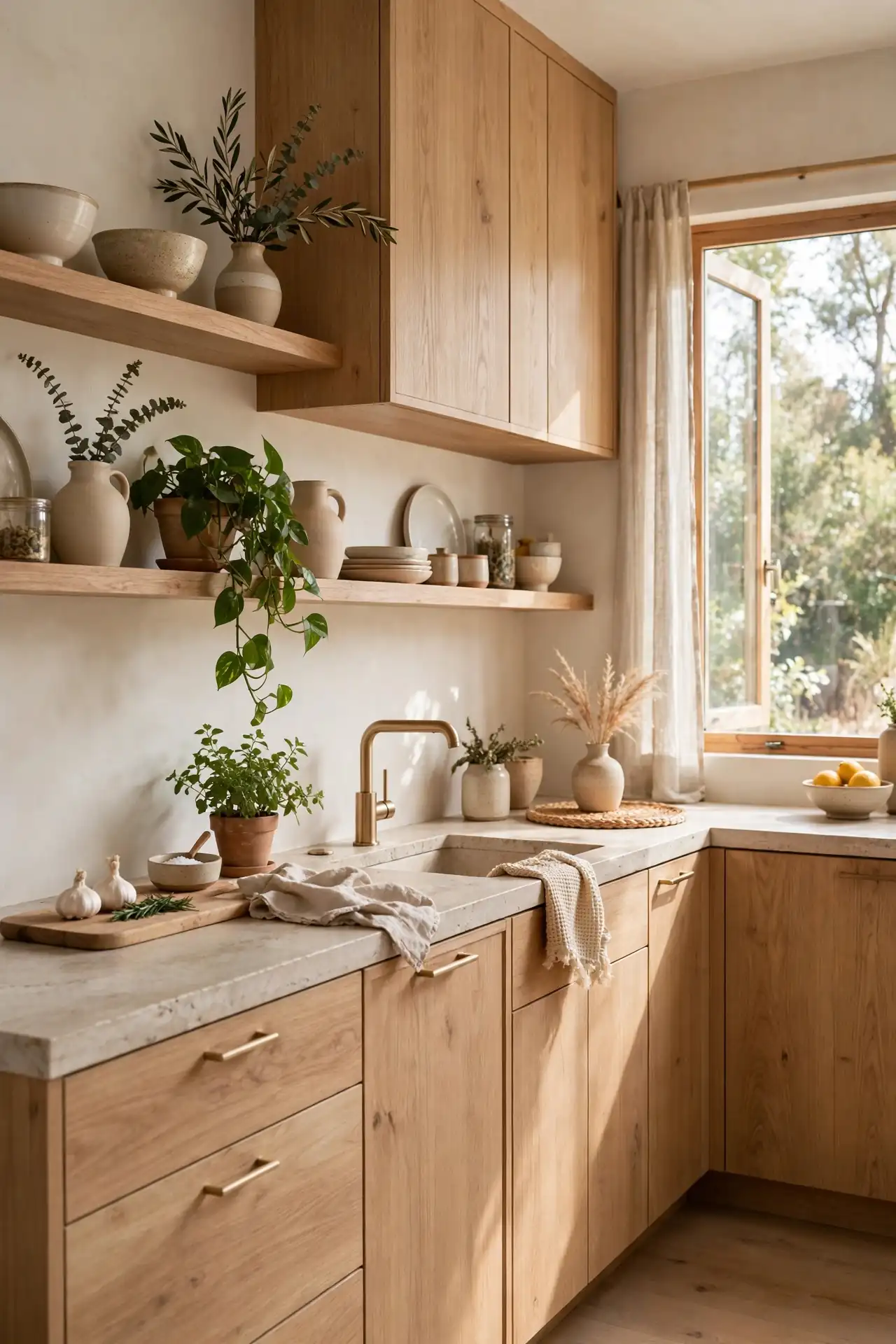 Open Shelf Styling - Natural Wood Kitchen Cabinet Decor Ideas