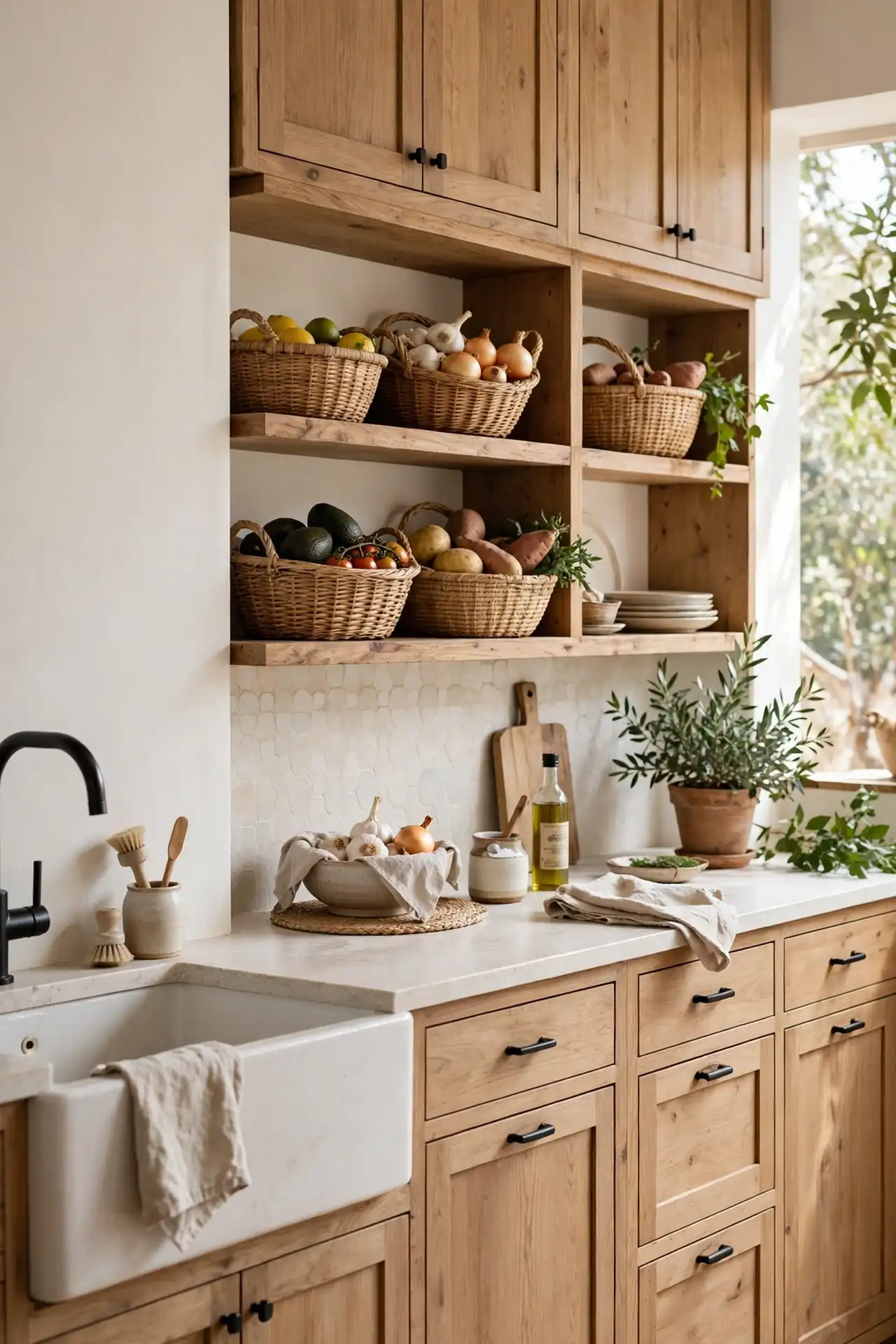 Woven Basket Storage - Natural Wood Kitchen Cabinet Decor Ideas