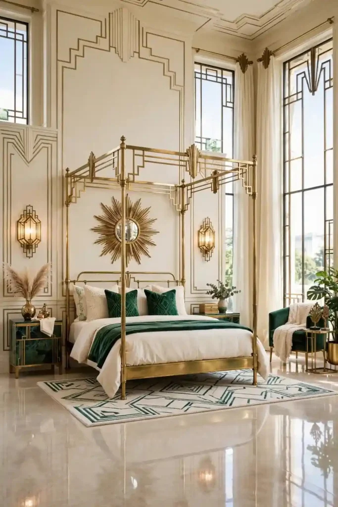 Charming neo deco bedroom decor with brass accents