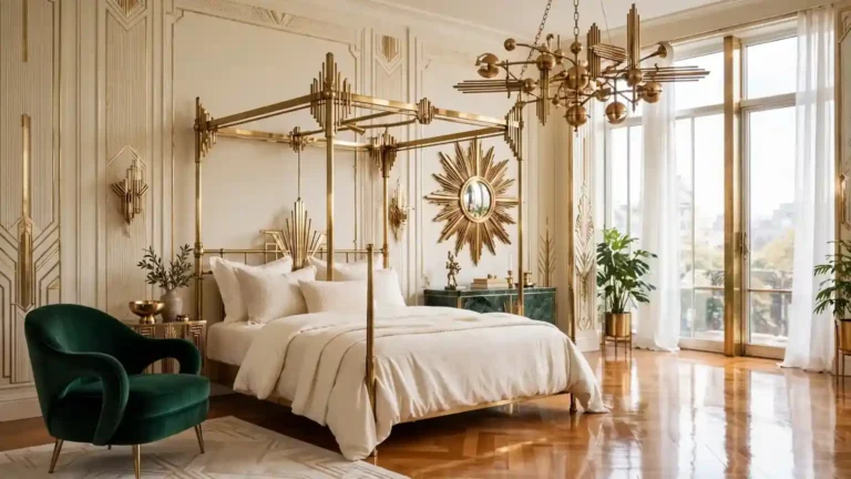 neo deco bedroom decor with brass accents