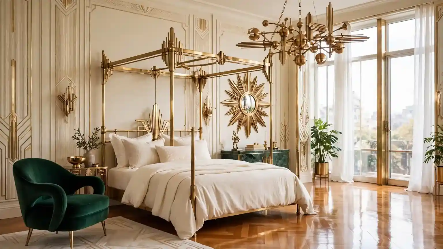 neo deco bedroom decor with brass accents