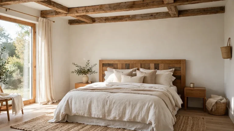 neutral bedroom decor with wood accents