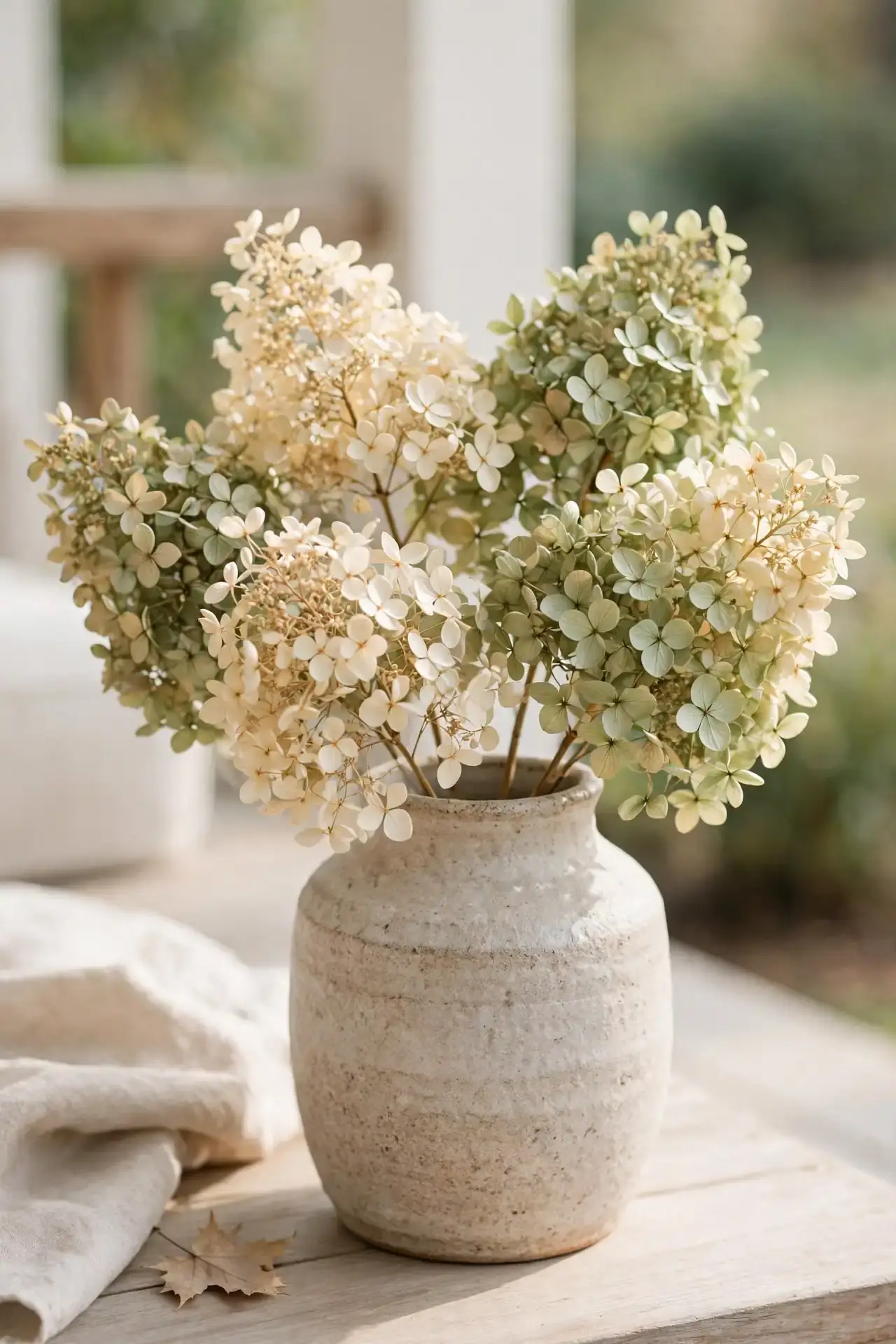 Dried Hydrangeas for neutral fall front porch decorating ideas