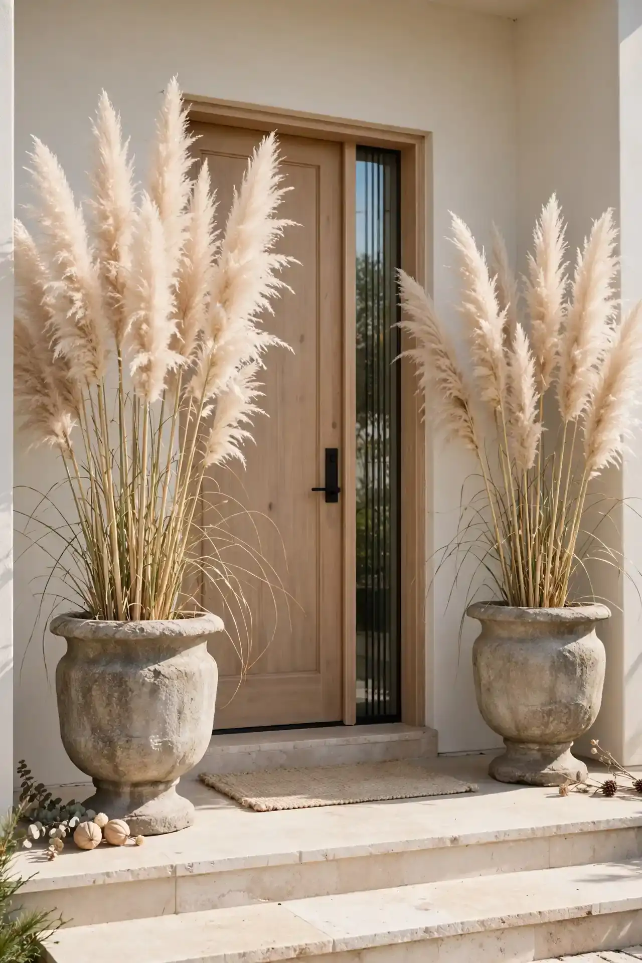 Pampas Grass Urns for neutral fall front porch decorating ideas