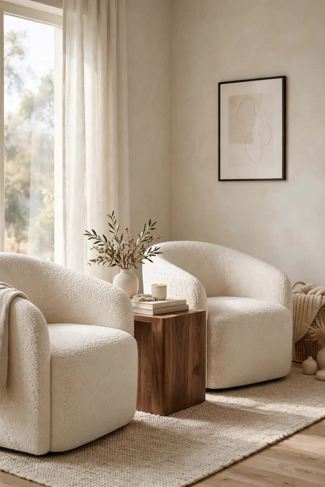 Cream Boucle Chairs - Neutral Living Room Decor with Warm Wood Tones
