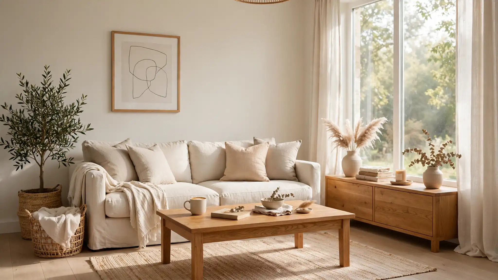 neutral living room decor with warm wood tones