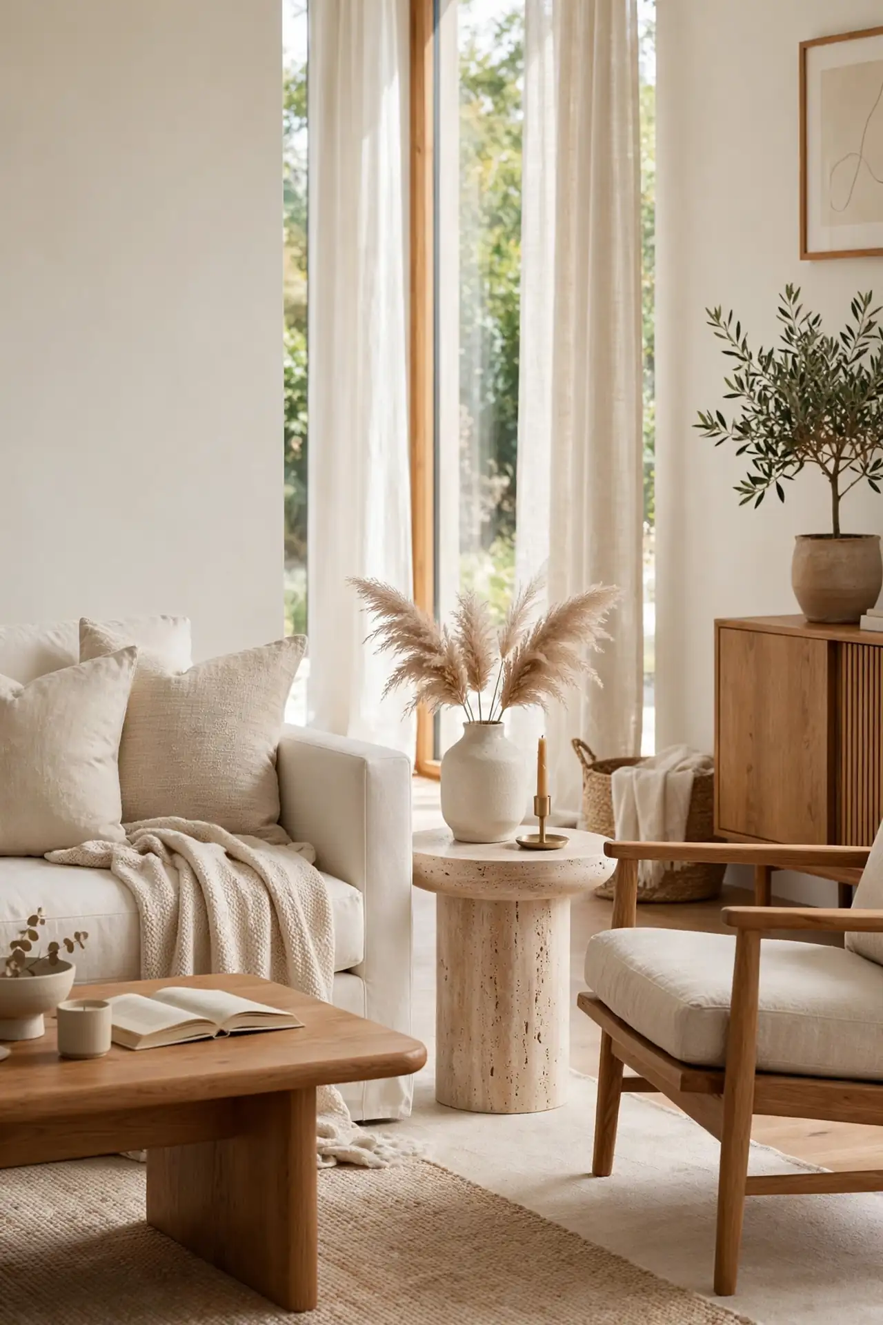Stone and Wood Pairing - Neutral Living Room Decor with Warm Wood Tones