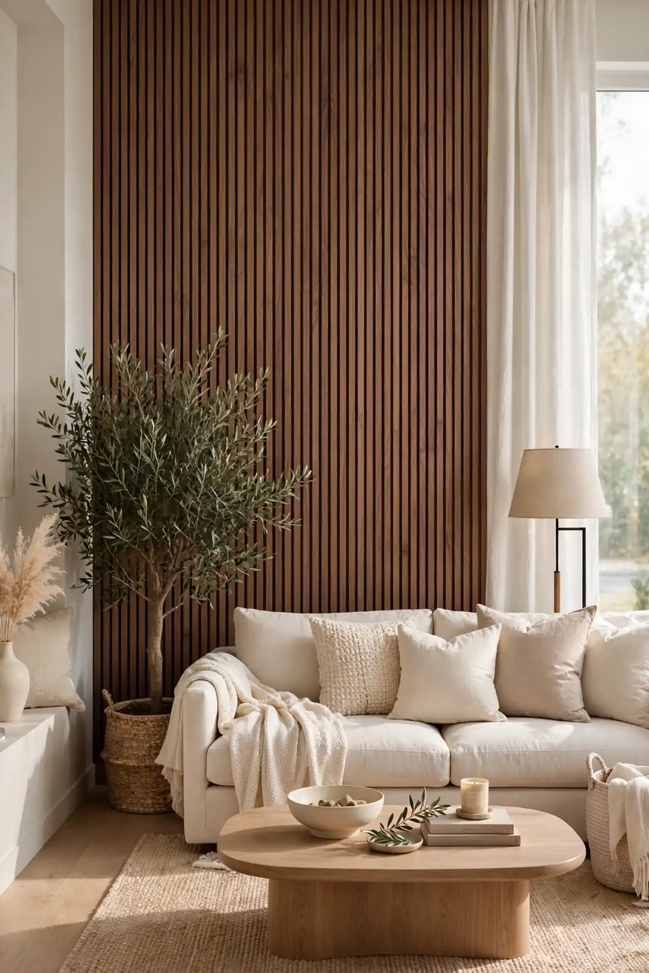 Walnut Accent Wall - Neutral Living Room Decor with Warm Wood Tones