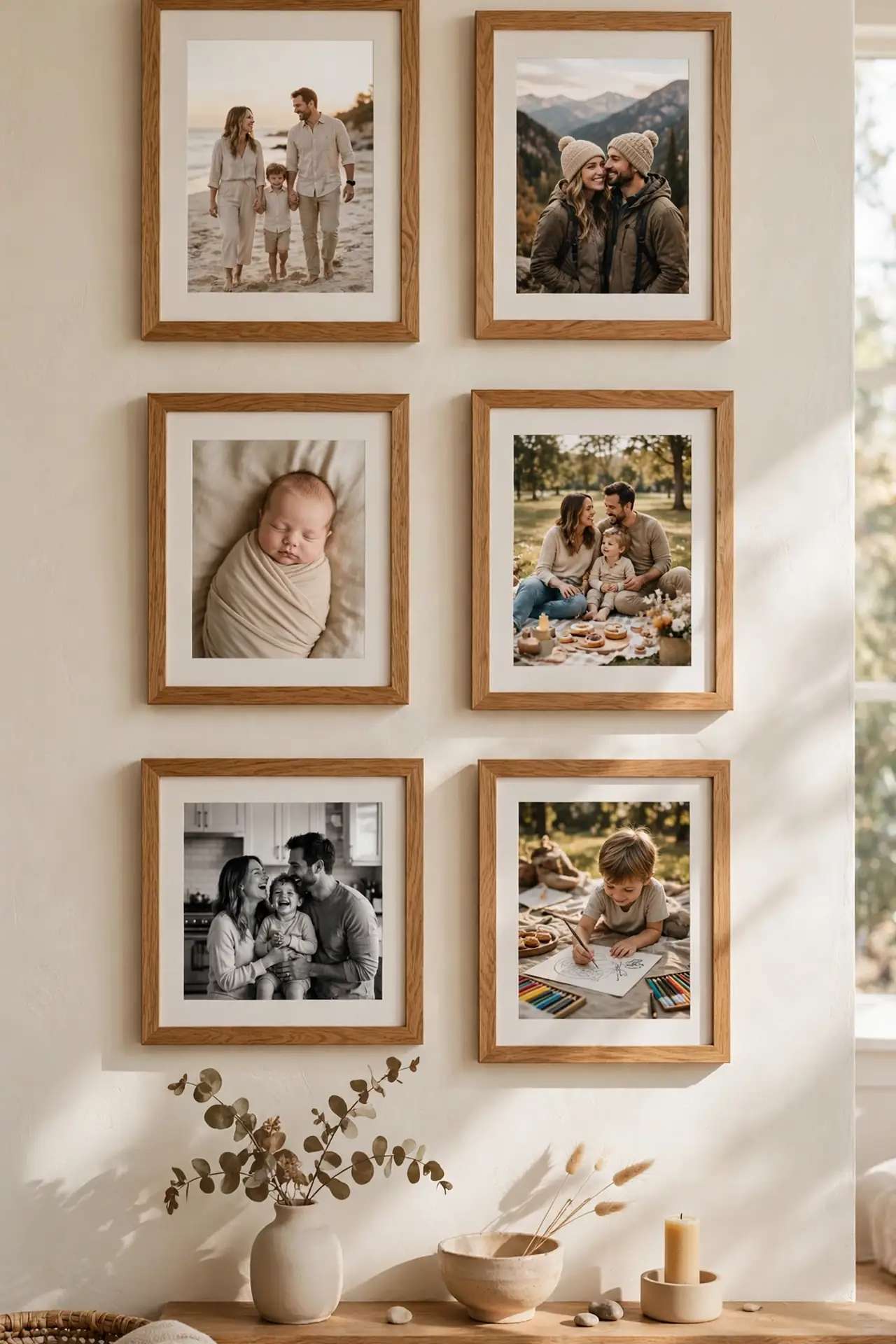Warm Wood Frames - Neutral Living Room Decor with Warm Wood Tones