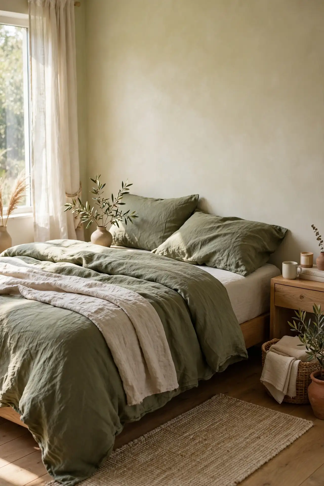 Linen Bedding in Olive for olive green bedroom decor ideas