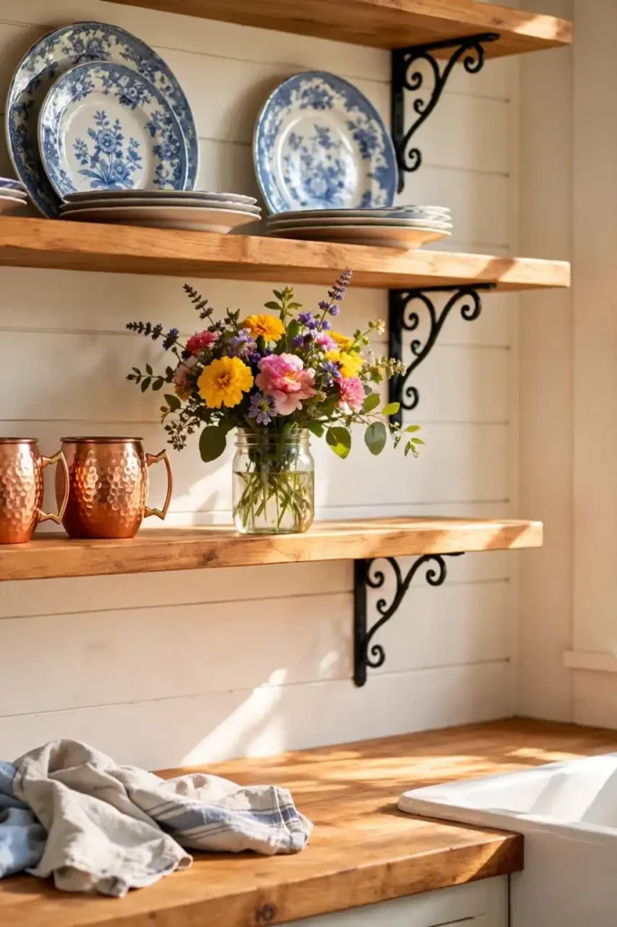 Charming open kitchen shelving
