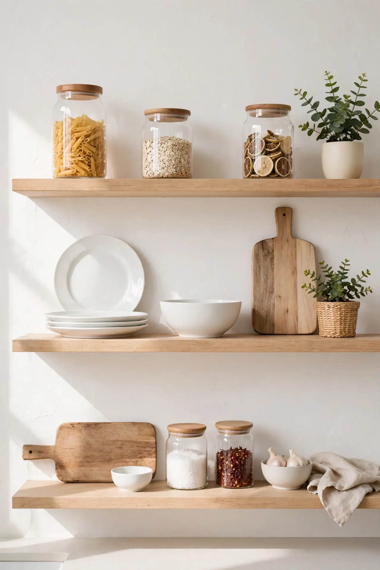 Clutter Free Finish for open kitchen shelving styling ideas