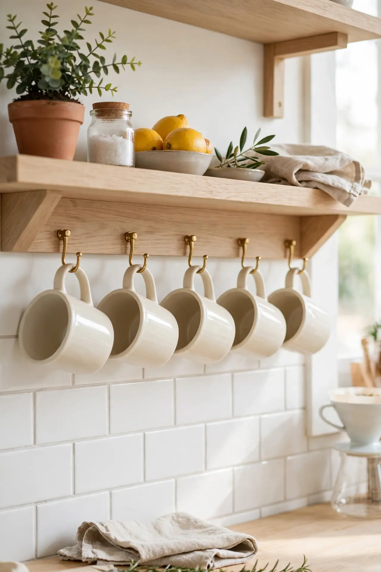 Matching Mug Rail for open kitchen shelving styling ideas