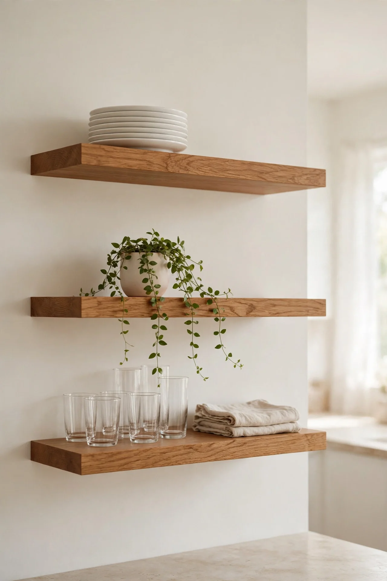 Styled Wood Shelves for open kitchen shelving styling ideas
