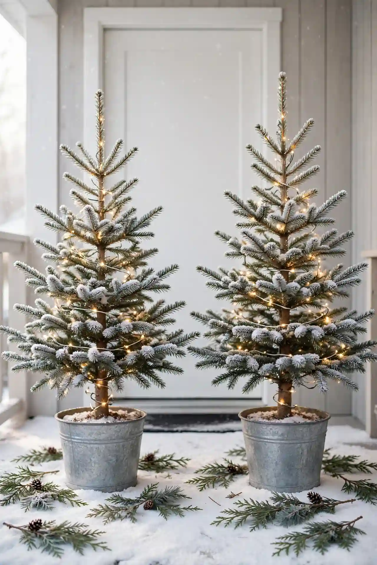 Snowy Potted Evergreens