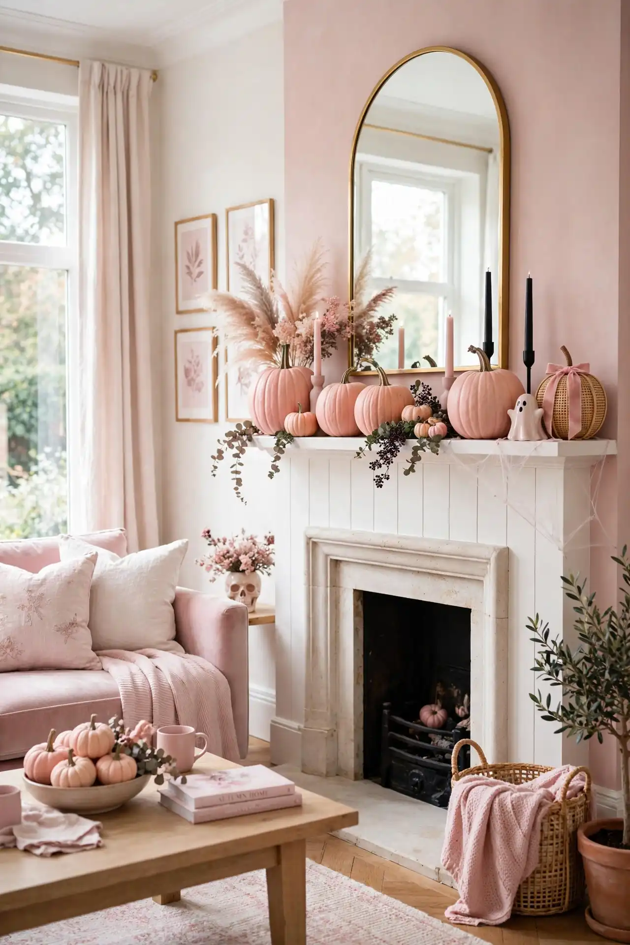 Blush Pumpkin Display for pink halloween decor ideas for living room